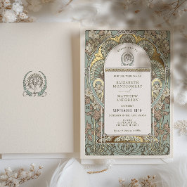 Art Nouveau Botanische Folie Bruiloft Gouden Accen Uitnodiging