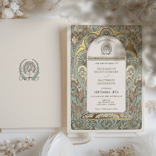 Art Nouveau Botanische Folie Bruiloft Gouden Accen Uitnodiging