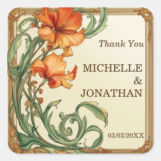 Art Nouveau Botanische Mucha Dank u Vierkante Sticker (Voorkant)