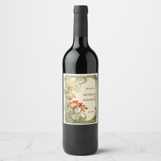 Art Nouveau Botanische Mucha Dank u Wijn Etiket (Voorkant)