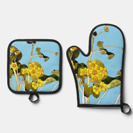 Art nouveau boterbloem ovenwant & pannenlap set (Voorkant)