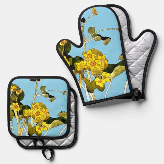 Art nouveau boterbloem ovenwant & pannenlap set (Voorkant / Achterkant)