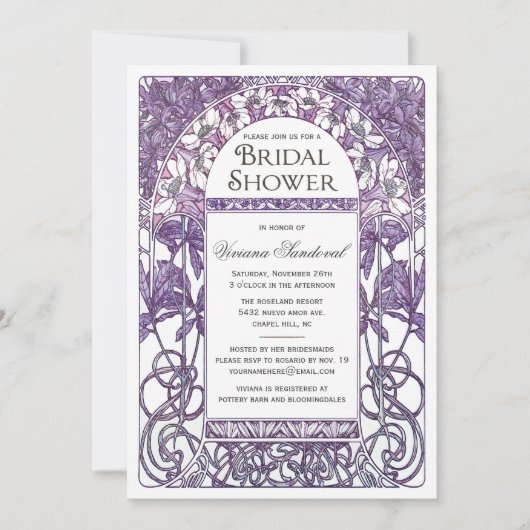 Art Nouveau Bridal Shower Invitation Paars Kaart (Voorkant)