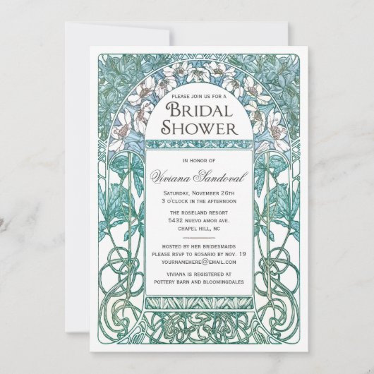 Art Nouveau Bridal Shower Invitations Blue Kaart (Voorkant)