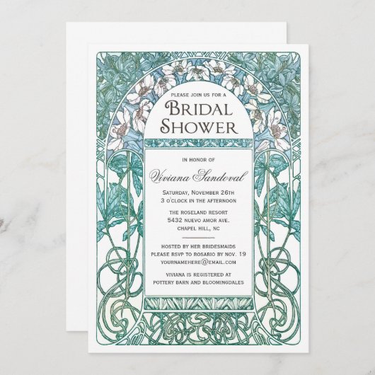Art Nouveau  Bridal Shower Invitations Blue Kaart (Voorkant / Achterkant)