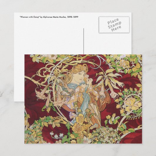 Art Nouveau Briefkaart: Mucha - Vrouw met Daisy Briefkaart (Voorkant / Achterkant)