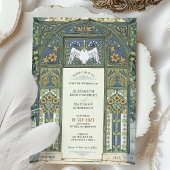 Art Nouveau bruiloft blauw, goud, groene boog Kaart