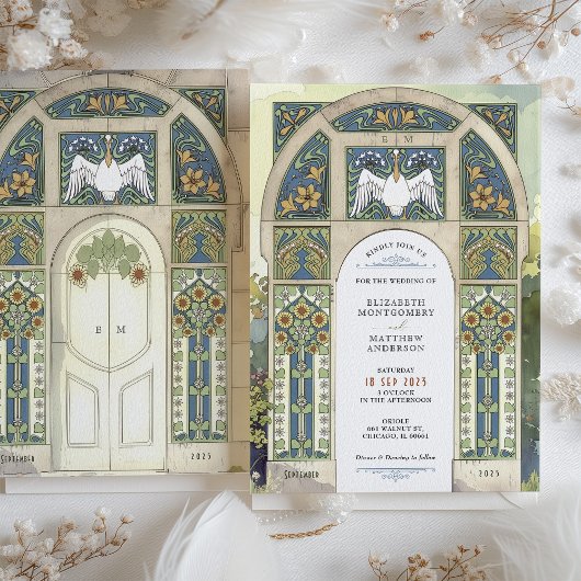 Art Nouveau bruiloft blauw, goud, groene boog Kaart