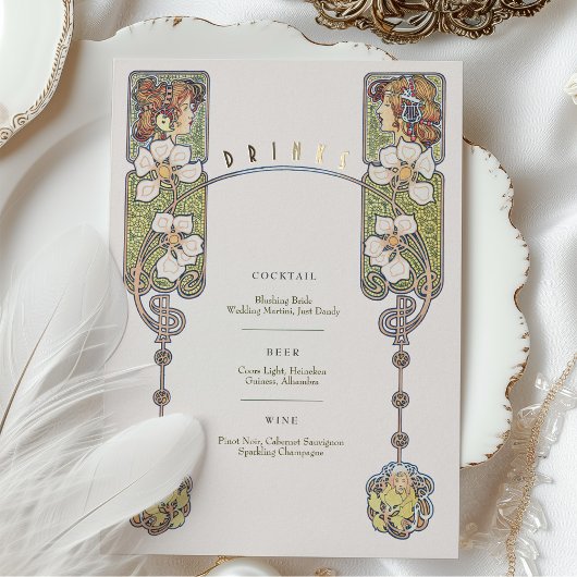  Art Nouveau Bruiloft Drinken Menu Kaart