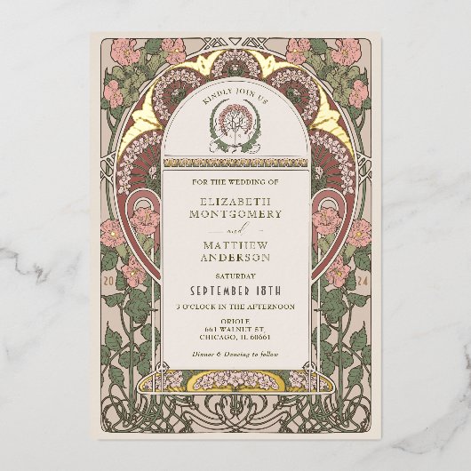 Art Nouveau Bruiloft Gouden Accenten Botanisch Folie Uitnodiging (Voorkant)