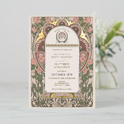 Art Nouveau Bruiloft Gouden Accenten Botanisch Folie Uitnodiging (Staand Voorkant)