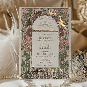 Art Nouveau Bruiloft Gouden Accenten Botanisch Folie Uitnodiging