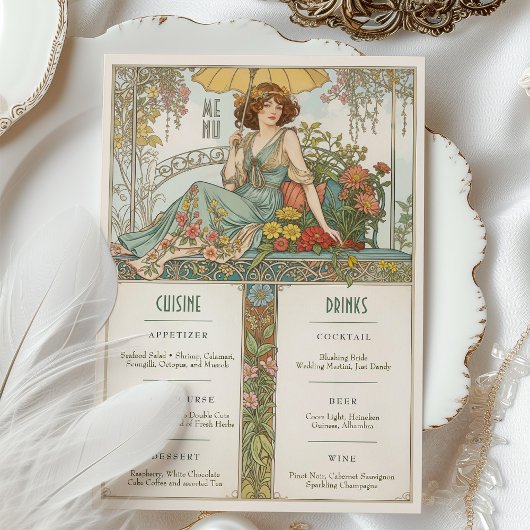  Art Nouveau Bruiloft Menu & Drinken Kaart