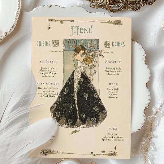  Art Nouveau Bruiloft Menu & Drinken Kaart