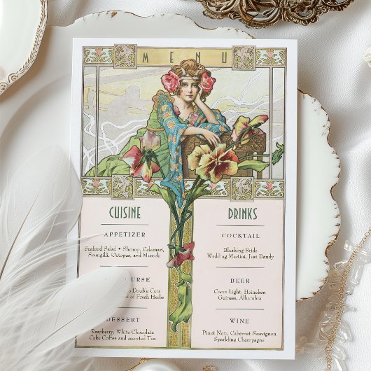  Art Nouveau Bruiloft Menu & Drinken Kaart