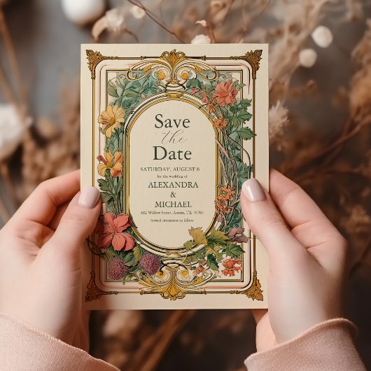 Art Nouveau bruiloft met vintage bloemen Save The Date