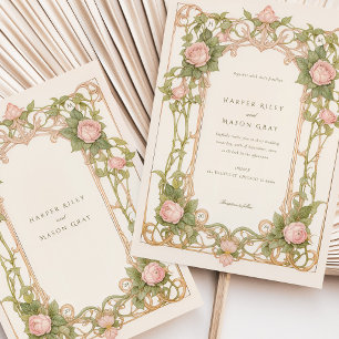 Art Nouveau bruiloft roze rozen en groen Kaart