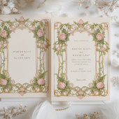 Art Nouveau bruiloft roze rozen en groen Kaart