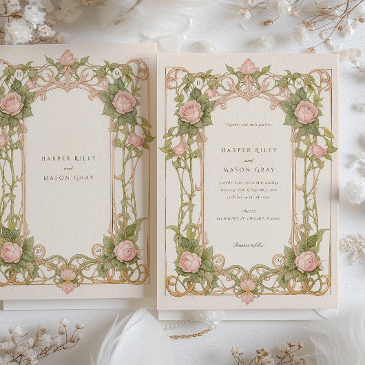 Art Nouveau bruiloft roze rozen en groen Kaart