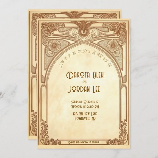 Art Nouveau bruiloft uitnodiging in warme tinten (Voorkant / Achterkant)