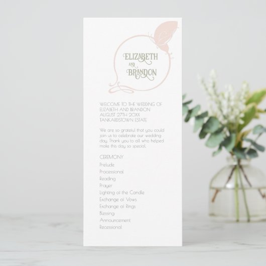 Art Nouveau  Butterfly Blush Pink Wedding Programmakaart (Staand voorkant)