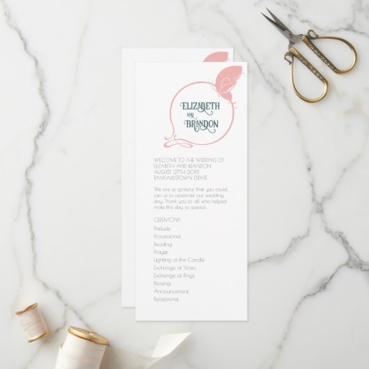 Art Nouveau  Butterfly Dusty Pink Wedding Programmakaart (Voorkant / Achterkant in situ)