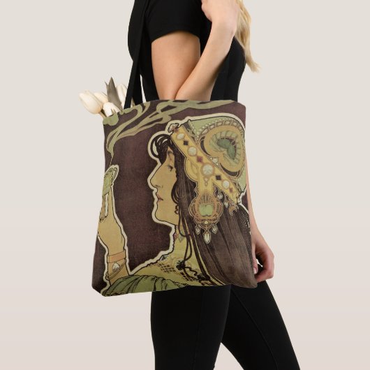  Art Nouveau Cafe Rajah, Vrouw met koffie Tote Bag (Dichtbij)