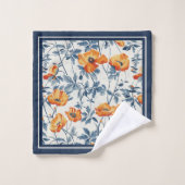 Art Nouveau California Poppies Navy Banded Bad Handdoek (Wasdoekje)