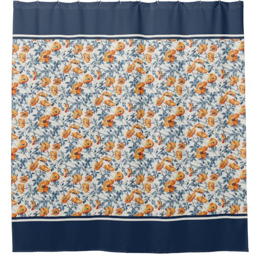 Art Nouveau California Poppies Navy Banded Douchegordijn (Voorkant)