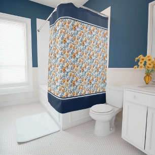 Art Nouveau California Poppies Navy Banded Douchegordijn