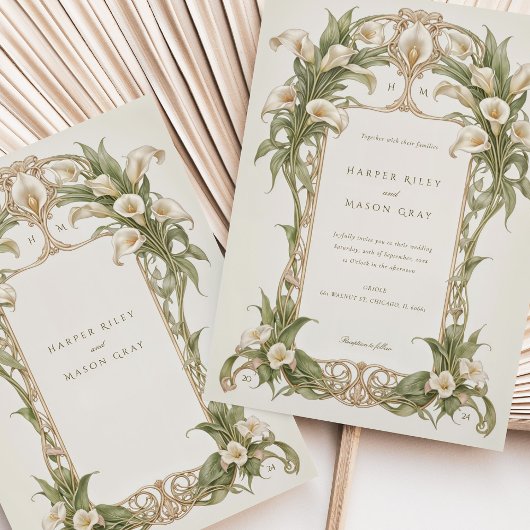 Art Nouveau Calla Lily bruiloft in ivoor en groen Kaart