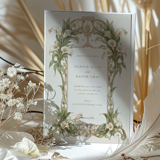 Art Nouveau Calla Lily bruiloft in ivoor en groen Kaart