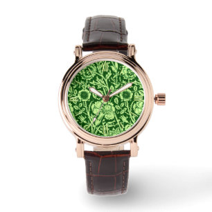 Art Nouveau Carnation Damask, Forest Green Horloge