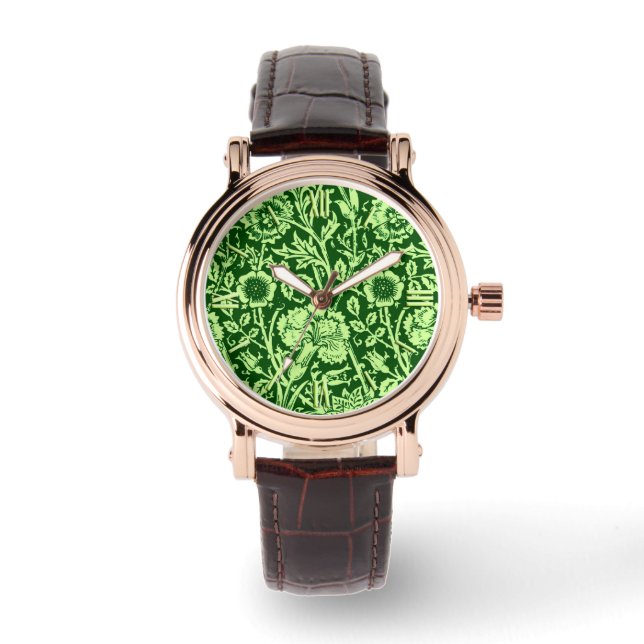 Art Nouveau Carnation Damask, Forest Green Horloge (Voorkant)