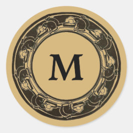  Art Nouveau Cat Border Monogram Ronde Sticker