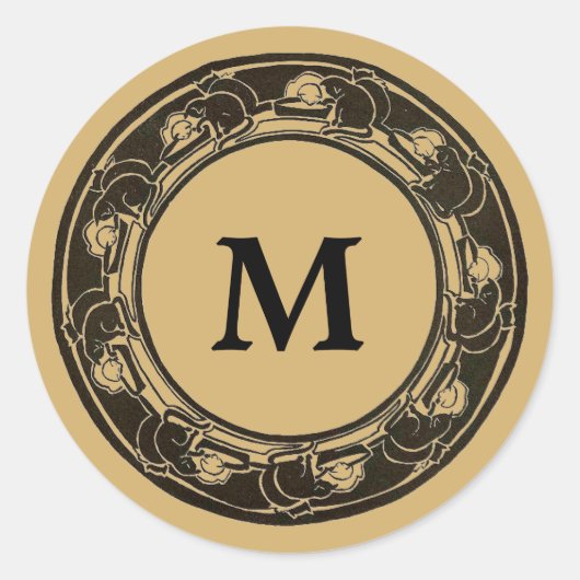 Art Nouveau Cat Border Monogram Ronde Sticker (Voorkant)