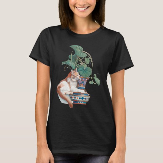 Art Nouveau Cat Zitting Next to Potential Plant T-shirt (Voorkant)