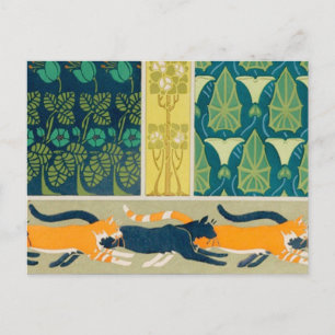 Art Nouveau Cats and Flowers Briefkaart