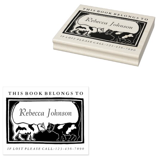 Art Nouveau Cats Book Label Rubberstempel (Gestempeld)