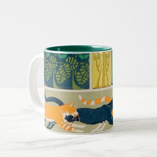 Art Nouveau Cats en Flowers Tweekleurige Koffiemok (Voorkant links)