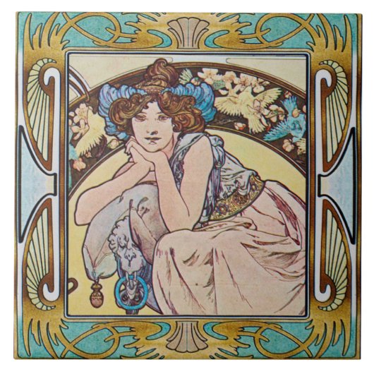 Art Nouveau Ceramic Tile Alphose Mucha Design 14 Tegeltje (Voorkant)
