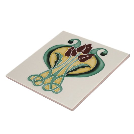 Art Nouveau Ceramic Tile - Deep Paarse Tulips Tegeltje (Zijkant)