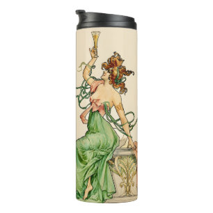 Art Nouveau champagne damesillustratie uit het ver Thermosbeker