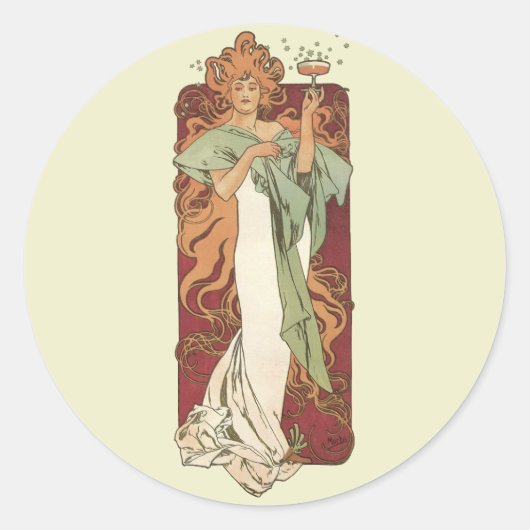  art nouveau, champagne van Alphonse Mucha Ronde Sticker (Voorkant)