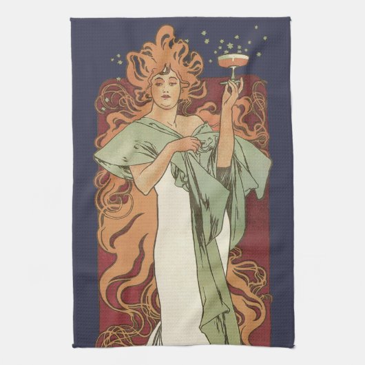  art nouveau, champagne van Alphonse Mucha Theedoek (Verticaal)