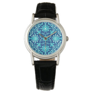Art Nouveau Chinese Pattern - Turquoise en Blue Horloge
