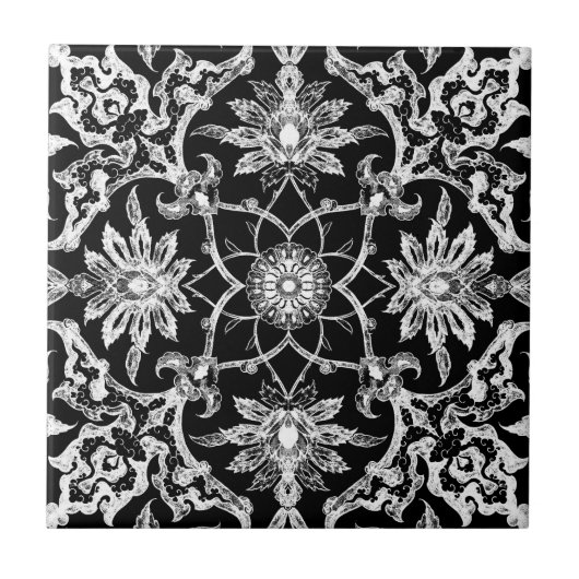Art Nouveau Chinese Pattern - White on Black Tegeltje (Voorkant)