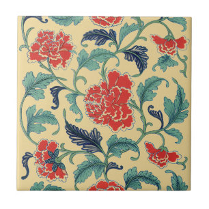 Art Nouveau Chinese Rode Bloemmotief Chinoiserie A Tegeltje