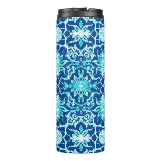 Art Nouveau Chinese Tegel, blauw en turquoise Thermosbeker (Achterkant)