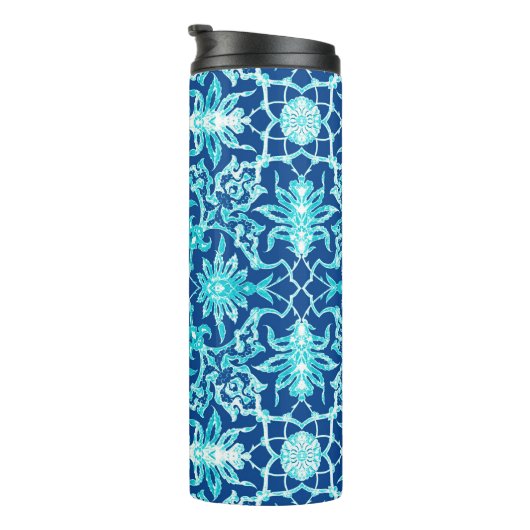 Art Nouveau Chinese Tegel, blauw en turquoise Thermosbeker (Geroteerd rechts)